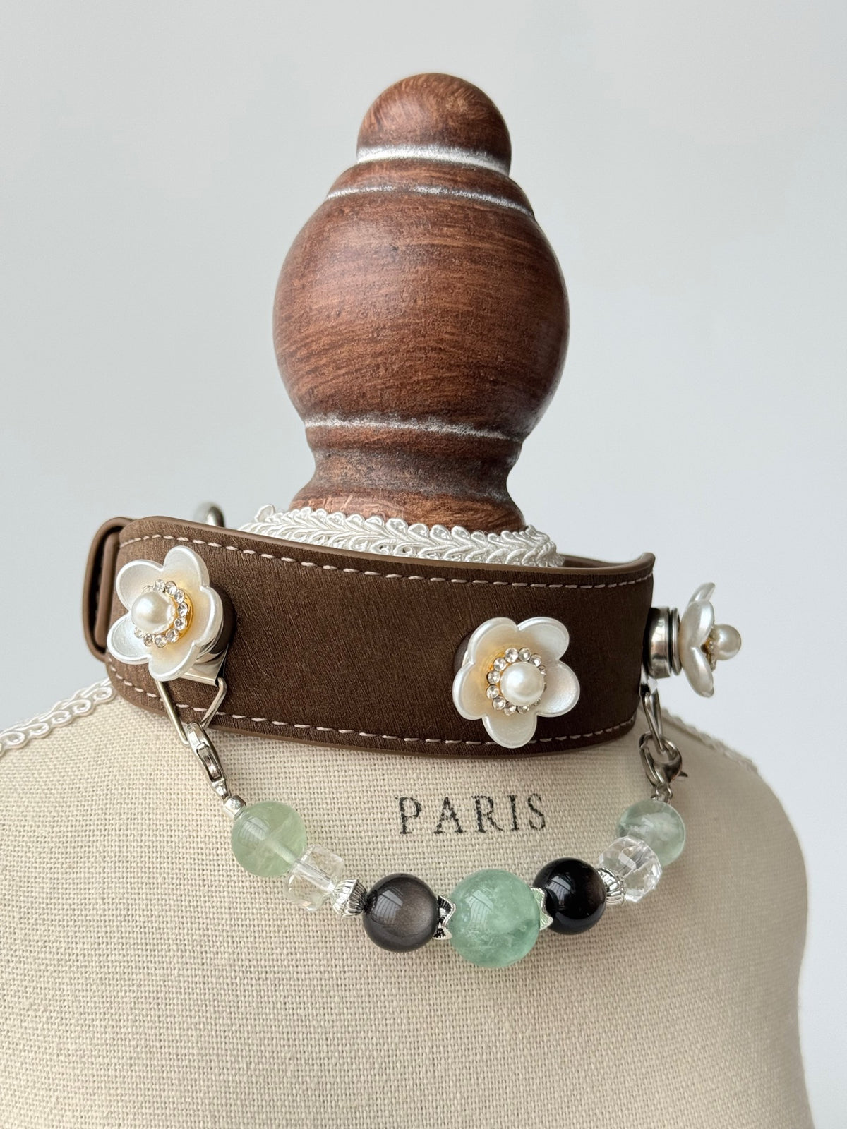 Pawlsle Trails Vintage-style pearl pet collar, crafted from luxurious microfiber leather and accented with a natural crystal chain—an elegant, handmade accessory for your pet.