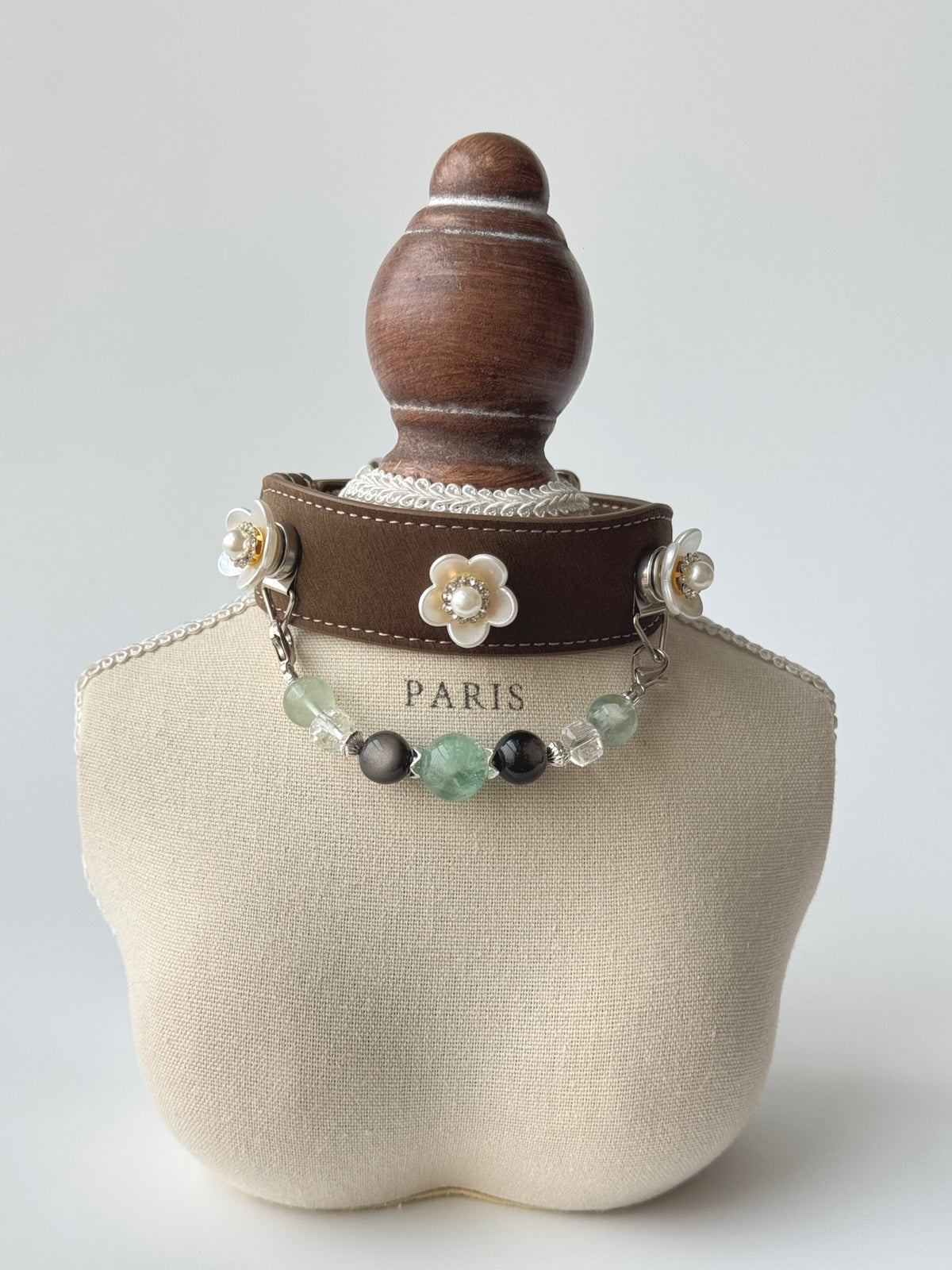 Pawlsle Trails Vintage-style pearl pet collar, crafted from luxurious microfiber leather and accented with a natural crystal chain—an elegant, handmade accessory for your pet.