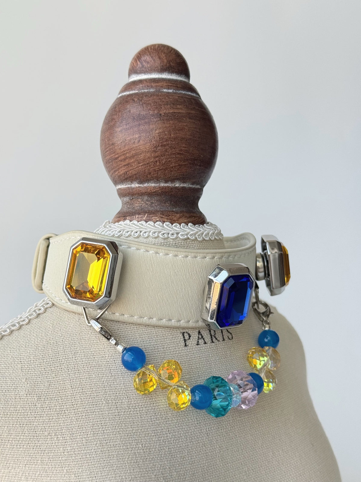 Pawlsle Trails Vintage-style square-embellished pet collar, crafted from luxurious microfiber leather and featuring a string of tactile crystal beads—a stylish, handmade accessory for your pet.