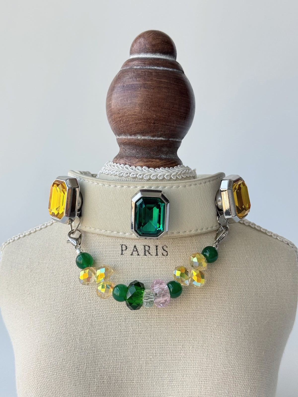 Pawlsle Trails Emerald-toned, gemstone-style microfiber leather pet collar featuring a detachable beaded chain; designed to be non-stick to fur, comfortable, and adjustable. Style 5