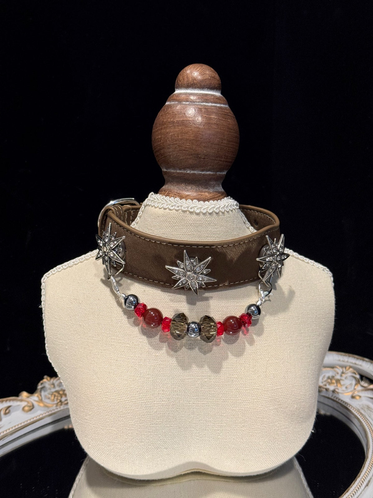 Pawlsle Trails "North Star" jeweled pet collar, crafted from brown microfiber leather and adorned with a rhinestone North Star emblem; features an interchangeable, hand-beaded gemstone chain. Suitable for cats as well as medium-to-large dogs. Style 3