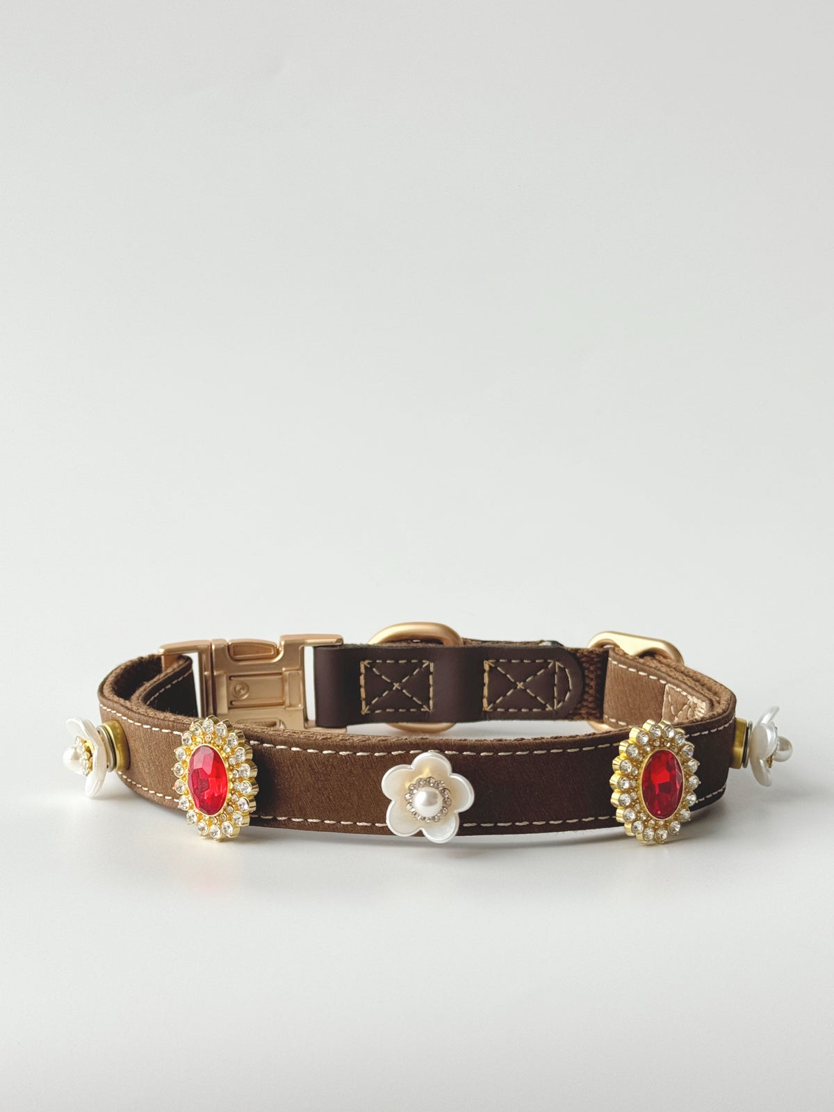 Pawlsle Trails Vintage-Style Ruby Crystal Pet Collar · Crafted from luxurious, soft microfiber leather and accented with pearl flowers—an elegant, designer-style accessory for pets. Style 2