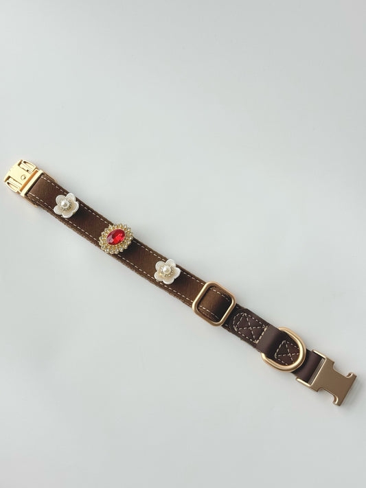 Pawlsle Trails Vintage-Style Ruby Crystal Pet Collar · Crafted from luxurious, soft microfiber leather and accented with pearl flowers—an elegant, designer-style accessory for pets.