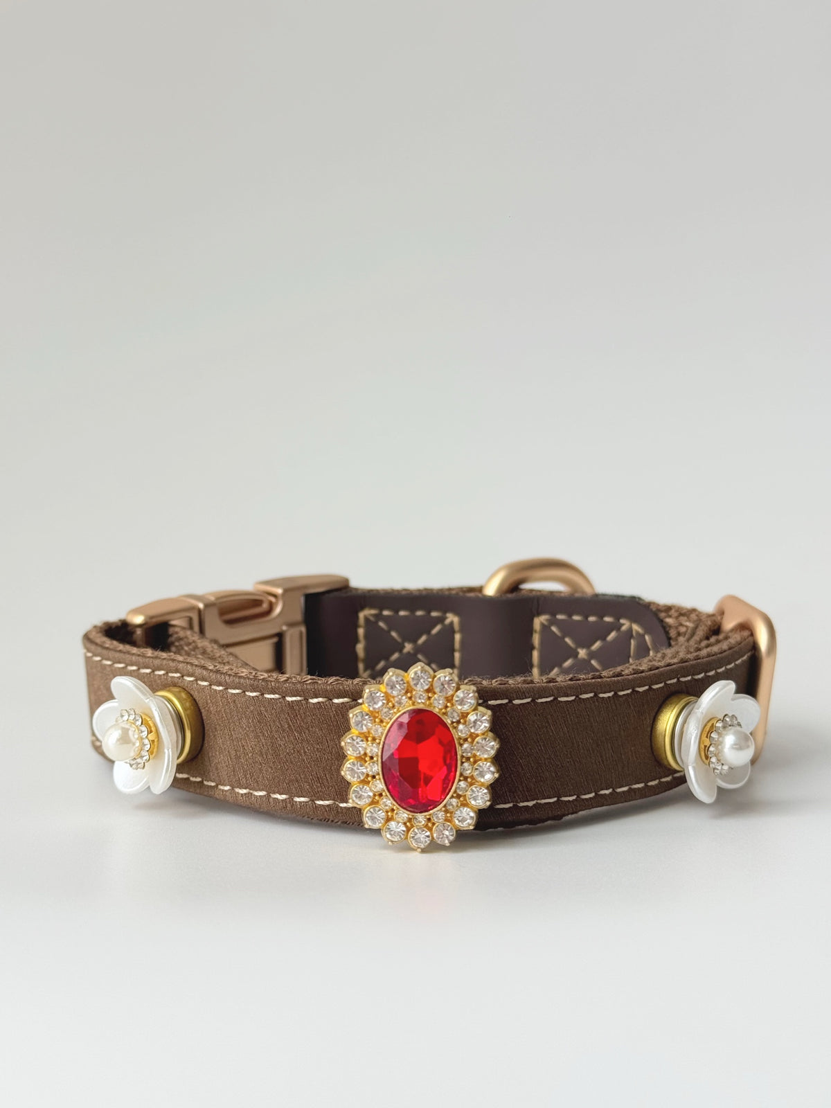 Pawlsle Trails Vintage-Style Ruby Crystal Pet Collar · Crafted from luxurious, soft microfiber leather and accented with pearl flowers—an elegant, designer-style accessory for pets. Style 1