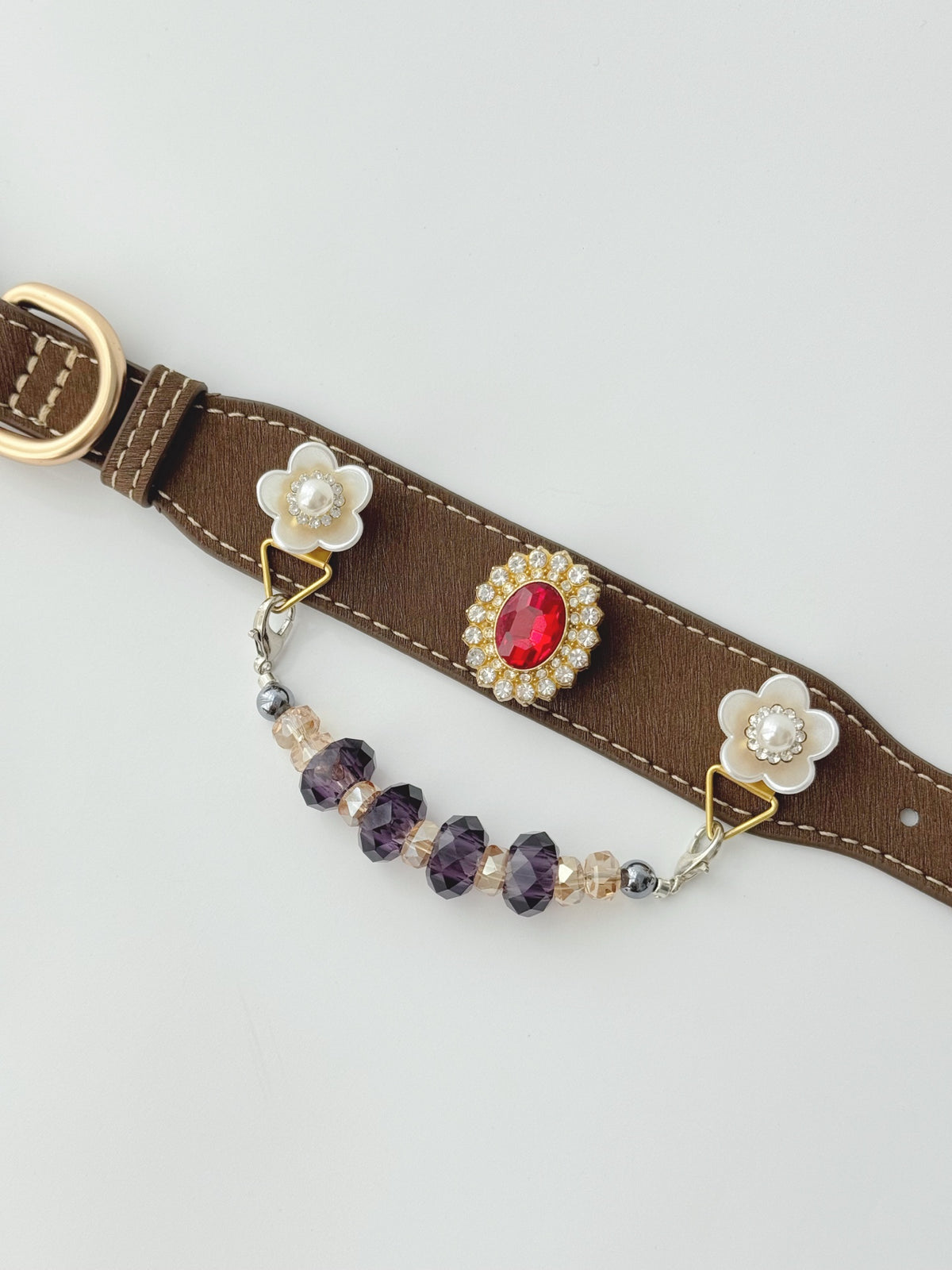 Pawlsle Trails A premium, vintage-inspired gemstone pet collar—a luxurious, handcrafted leather piece featuring a wearable crystal-bead chain; an elegant, artisanal accessory for your pet.