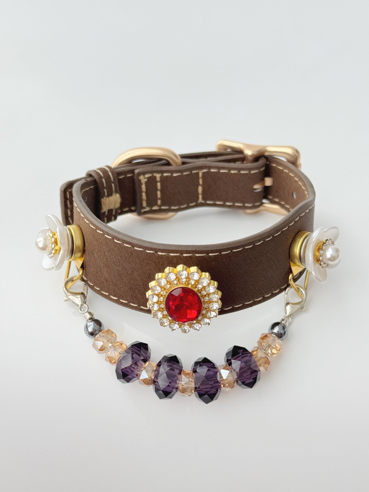 Pawlsle Trails A premium, vintage-inspired gemstone pet collar—a luxurious, handcrafted leather piece featuring a wearable crystal-bead chain; an elegant, artisanal accessory for your pet.