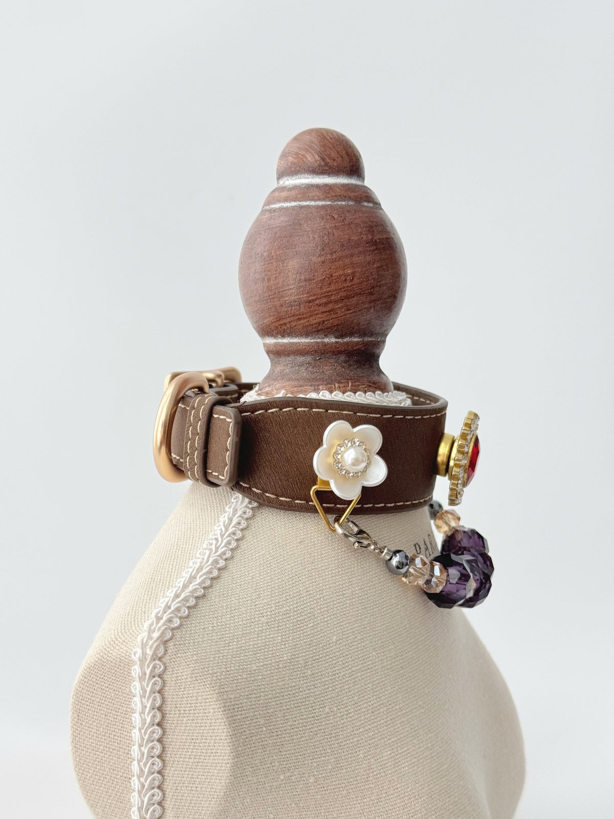 Pawlsle Trails A premium, vintage-inspired gemstone pet collar—a luxurious, handcrafted leather piece featuring a wearable crystal-bead chain; an elegant, artisanal accessory for your pet.