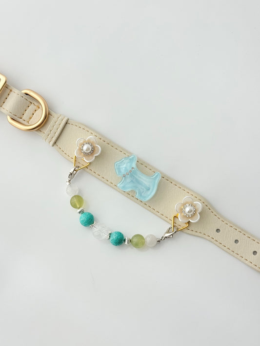 Pawlsle Trails Light blue dog collar, crafted from off-white microfiber leather and accented with a handmade natural gemstone chain; designed for a comfortable fit that won’t snag or pull on fur.