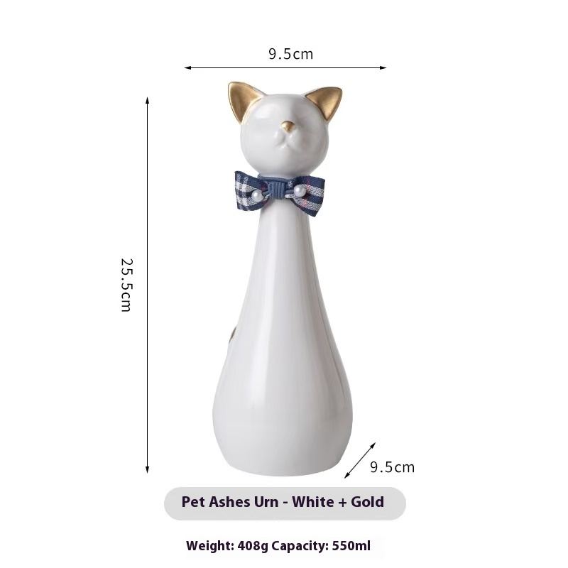 Pawlsle Trails Long-necked kitten memorial urn White with golden ears