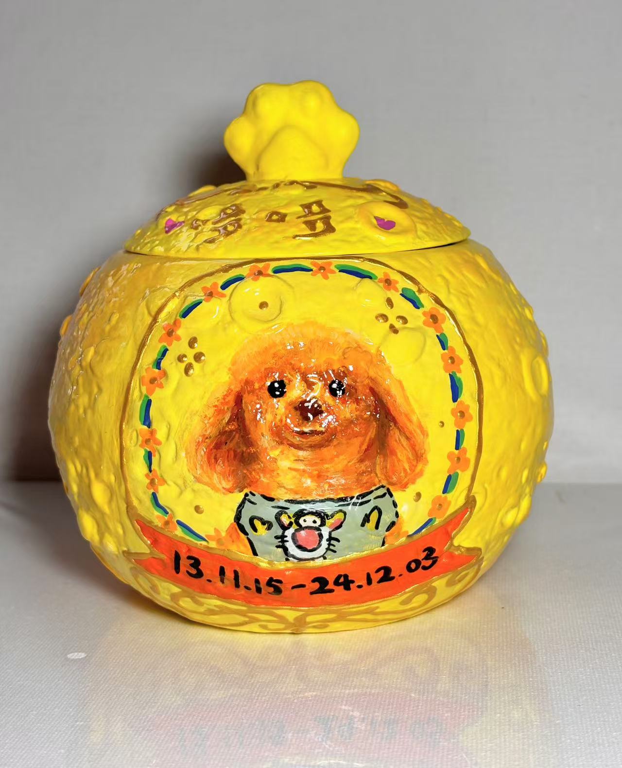 Pawlsle Trails Original Hand Painted Pet Portrait Urn yellow