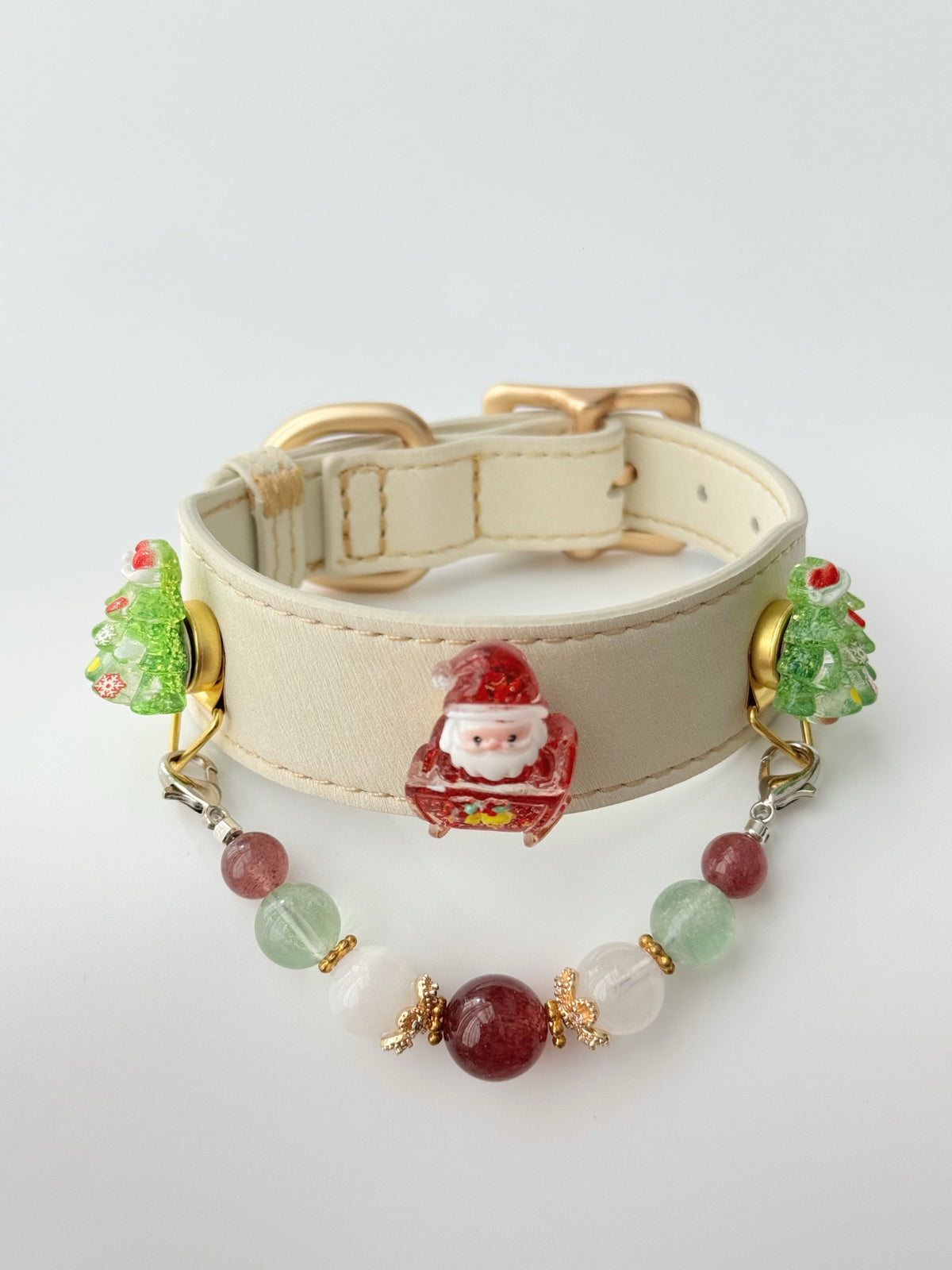 Pawlsle Trails Handmade Christmas-themed microfiber leather crystal pet collar, featuring Santa Claus and Christmas tree charms. Style 2