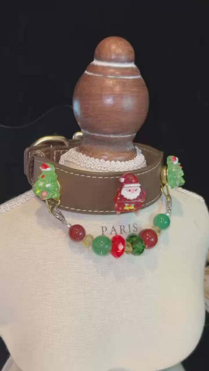 Handmade Christmas-themed microfiber leather crystal pet collar, featuring Santa Claus and Christmas tree charms.